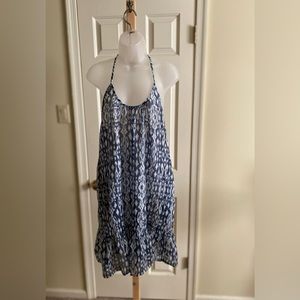 Portacruz - Woman blue/white abstract patterned spaghetti strap mini sun dress M